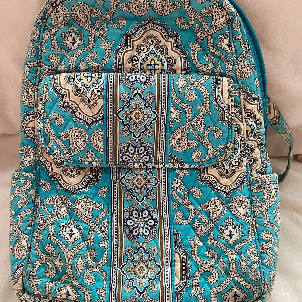 Vera Bradley mini book bag teal, cream, and brown pattern with multiple pockets